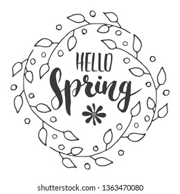 Hello Spring Calligraphy lettering handwritten sign, Hand drawn grunge calligraphic text. Vector illustration .