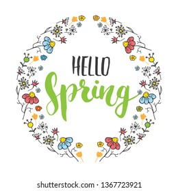 Hello Spring Calligraphy lettering handwritten sign, Hand drawn grunge calligraphic text. Vector illustration .