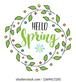 Hello Spring Calligraphy lettering handwritten sign, Hand drawn grunge calligraphic text. Vector illustration .