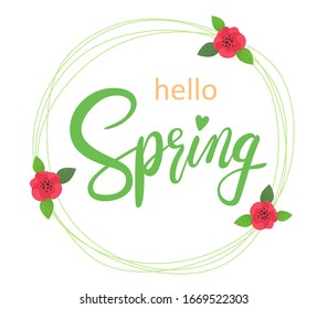 Hello spring. Calligraphy, lettering, handwritten text. Vector illustration.