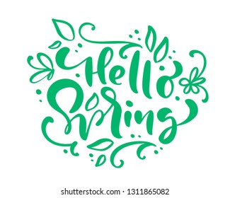 Hello Spring Calligraphy lettering phrase Hello Spring. Vector Hand Drawn Isolated text. sketch doodle design for greeting card, scrapbook, print
