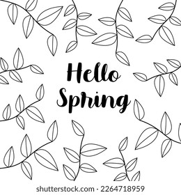Hola cita de caligrafía de primavera. Decoración estacional de tarjetas de felicitación estilo doodle escandinavo.