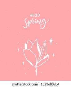 Hello spring calligraphy text and hand drawn magnolia flower.