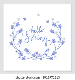 Hola tarjeta de primavera. Fondo con flores azules. Marco floral. Ilustración vectorial aislada en fondo blanco.