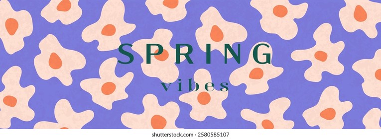 Hello Spring card. Spring background with flowers, leaves for social media post, banner design, postcards. Spring colorful flowers design templates.