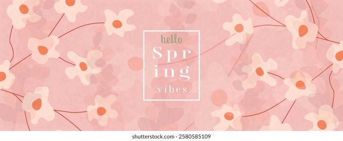 Hello Spring card. Spring background with flowers, leaves for social media post, banner design, postcards. Spring colorful flowers design templates.
