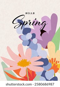 Hello Spring card. Spring background with flowers, leaves for social media post, banner design, postcards. Spring colorful flowers design templates.