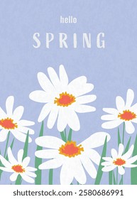 Hello Spring card. Spring background with flowers, leaves for social media post, banner design, postcards. Spring colorful flowers design templates.