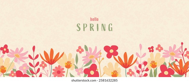 Hello Spring card. Spring background with flowers, leaves for social media post, banner design, postcards. Spring colorful flowers design templates.