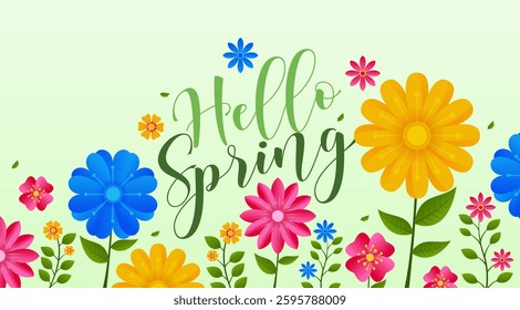 Hello Spring card background or poster for spring holidays with floral and leaf elements. observed every year in March. Holiday concept. Use to any Template, card, poster, placard, template