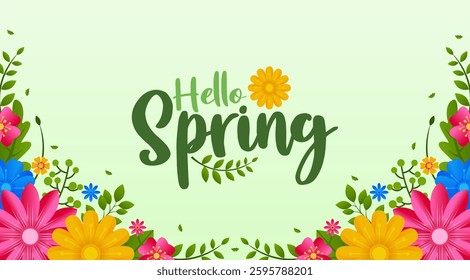 Hello Spring card background or poster for spring holidays with floral and leaf elements. observed every year in March. Holiday concept. Use to any Template, card, poster, placard, template