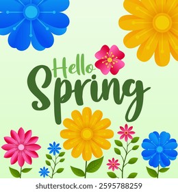Hello Spring card background or poster for spring holidays with floral and leaf elements. observed every year in March. Holiday concept. Use to any Template, card, poster, placard, template