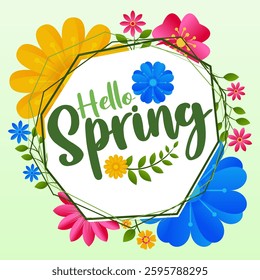 Hello Spring card background or poster for spring holidays with floral and leaf elements. observed every year in March. Holiday concept. Use to any Template, card, poster, placard, template