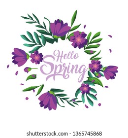 hello spring card with beautiful flowers in frame circular