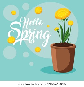 hello spring card with beautiful flowers in pot
