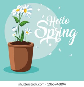 hello spring card with beautiful flowers in pot