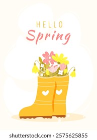 Hello spring card with beautiful flowers in rubber boots. Vector illustration in hand drawn flat cartoon style. Perfect for greeting card, vertical banner, poster, flyer and so on