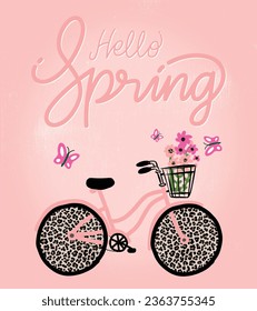 Hola tarjeta de primavera. Bicicleta con un hermoso ramo de flores y hojas verdes. Ilustración vectorial aislada en el fondo rosado.