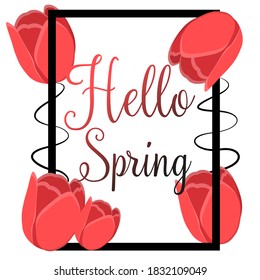 
Hola tarjeta de primavera. Marco negro con tulipanes rojos. Flores de primavera. Ilustración del vector