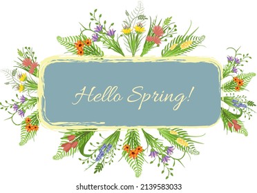Hello Spring card with bouquets of flowers. Floral arrangement. Vector illustration.