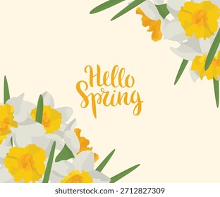 Hello spring card com flores amarelo brilhante daffodil em um plano de fundo floral alegre ilustração