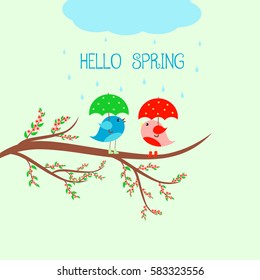 Hello spring card with cute birds under umbrellas.