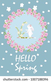 Hello spring card with cute Bunny and flowers in vintage style. Vector. Hand-drawn.