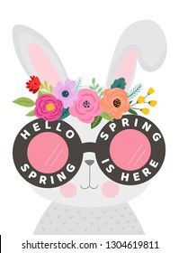Hello Spring Card with Cute Bunny in Eyeglasses and Flowers. Easter Season Floral Poster Banner Placard with Funny Rabbit. Vector illustration