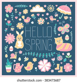 Hello spring card. Cute hand drawn doodle spring elements - bunny, cat, flower, bird, chicken, sun, cloud, umbrella, butterfly, rubber boots, easter egg, watering can.
