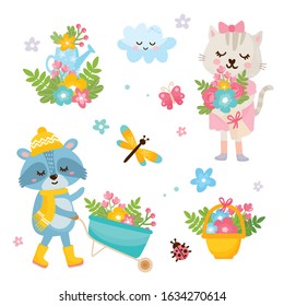 Hello spring card. Cute illustration with a bouquet of flowers in a basket, watering can, dragonfly, cloud. Raccoon with a garden wheelbarrow. Cute cat with a bouquet of flowers.