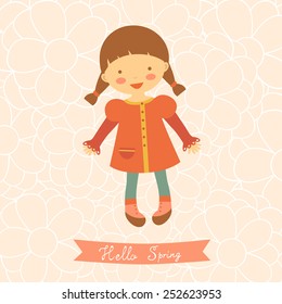 Tarjeta de resorte de Adiós con una linda niñita. Ilustración del vector