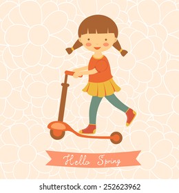 Hello spring card with cute little girl. Vector illustration