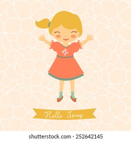 Hello spring card with cute little girl. Vector illustration