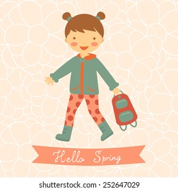 Hello spring card with cute little girl. Vector illustration
