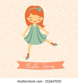 Hello spring card with cute little girl. vector illustration
