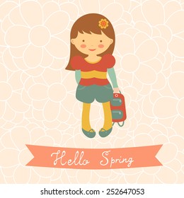 Hello spring card with cute little girl. Vector illustration