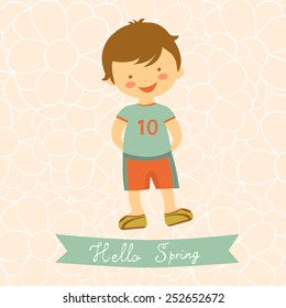 Hello spring card with cute little boy. vector illustration
