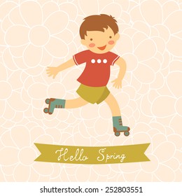 Hello spring card with cute little boy. vector illustration