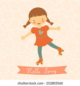 Hello spring card with cute little girl. Vector illustration