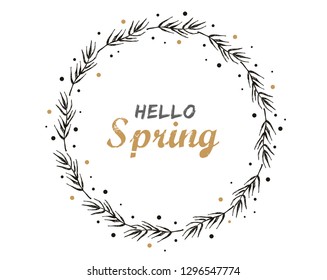 Hello spring. Card with decorative floral frame