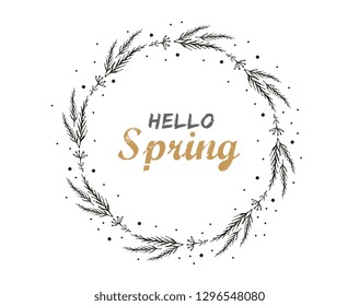 Hello spring. Card with decorative floral frame