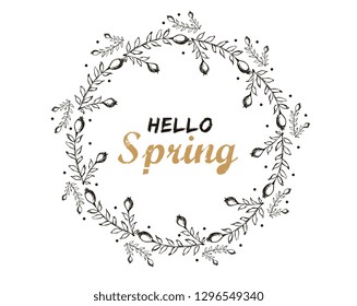 Hello spring. Card with decorative floral frame