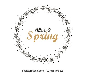 Hello spring. Card with decorative floral frame