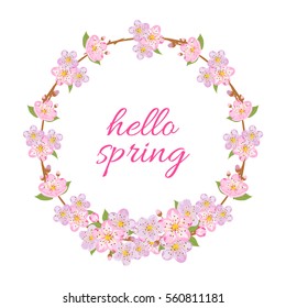 "Hello spring" card with decorative sakura frame. Vector illustration