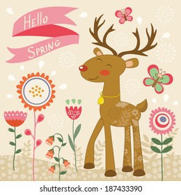 Hello spring card with deer. Illustration of cute deer and butterflies