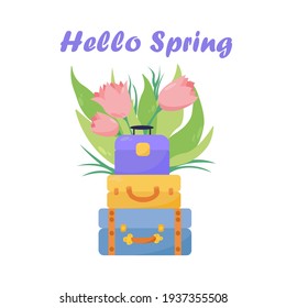 Hello Spring Card. Design banner with colored suitcases and pink flowers and leaves. Hand lettering vector illustration.