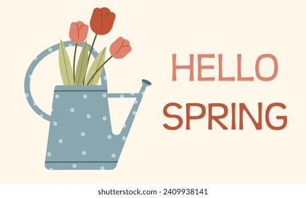Hello spring card design. Vector illustration in flat style. Spring background.