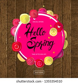 Hello Spring card design with a wooden background and text in round frame, vector illustration. Lettering design element