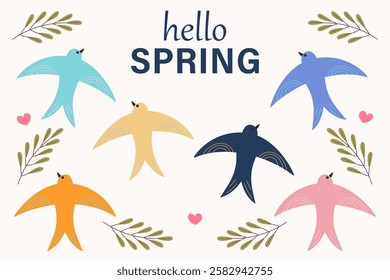 Hello spring card with different flying birds. Colorful abstract swallow, pigeon. Isolated hand drawn illustration.