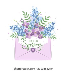 Hallo Frühling. Karte mit Umschlag und Frühlingsblumen. Vektorgrafik